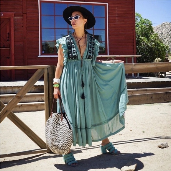 Free People Dresses & Skirts - Free People Sage Green Embroidered V-Neck Maxi Dress